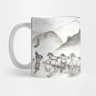 horses galloping across the water monochrome black and white watercolor painting Mug
